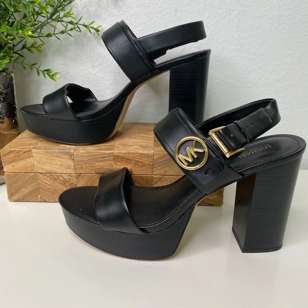 Michael Kors Carmen Black Leather Platform Sandals Heels Block Heel Logo Size 10